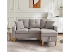 Sofá de 3 lugares com chaise longue - 175 x 129 x 90 cm - com arrumação + 2 almofadas - algodão + linho - cinza claro