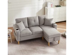 Sofá de 3 lugares com chaise longue - 175 x 129 x 90 cm - com arrumação + 2 almofadas - algodão + linho - cinza claro