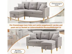 Sofá de 3 lugares com chaise longue - 175 x 129 x 90 cm - com arrumação + 2 almofadas - algodão + linho - cinza claro
