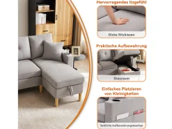 Sofá de 3 lugares com chaise longue - 175 x 129 x 90 cm - com arrumação + 2 almofadas - algodão + linho - cinza claro
