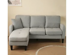 Sofá de 3 lugares com chaise longue – Sofá de canto com bolsos laterais – tecido de algodão e linho cinzento