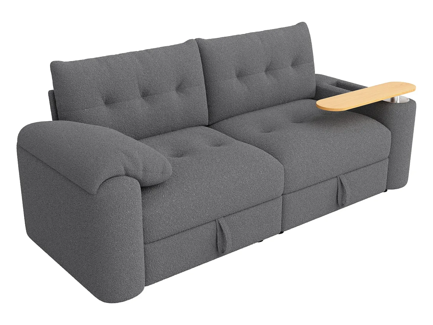 Sofá de 2 lugares com compartimentos de arrumação e mesa de apoio - Tecido Teddy cinzento