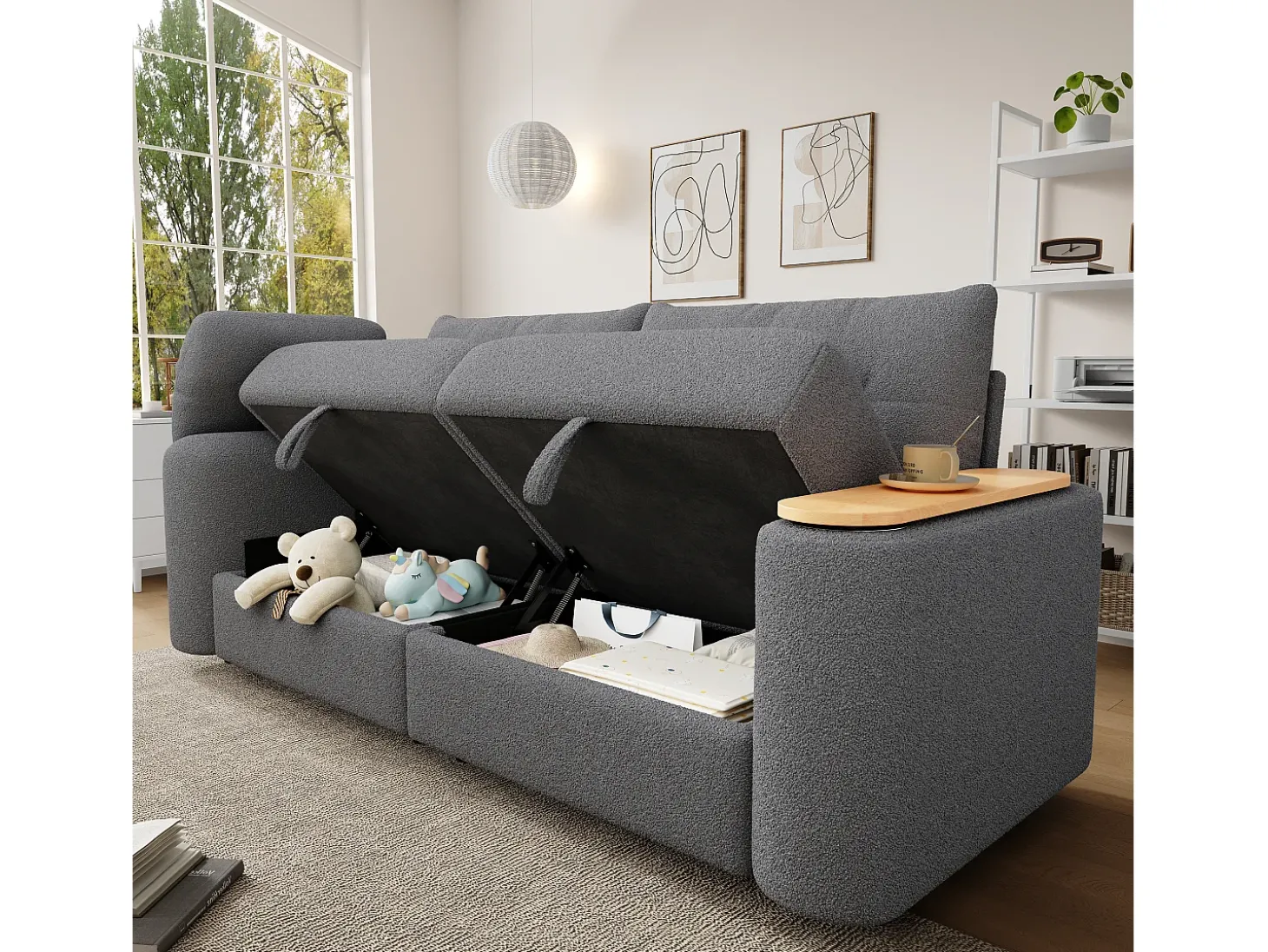 Sofá de 2 lugares com compartimentos de arrumação e mesa de apoio - Tecido Teddy cinzento