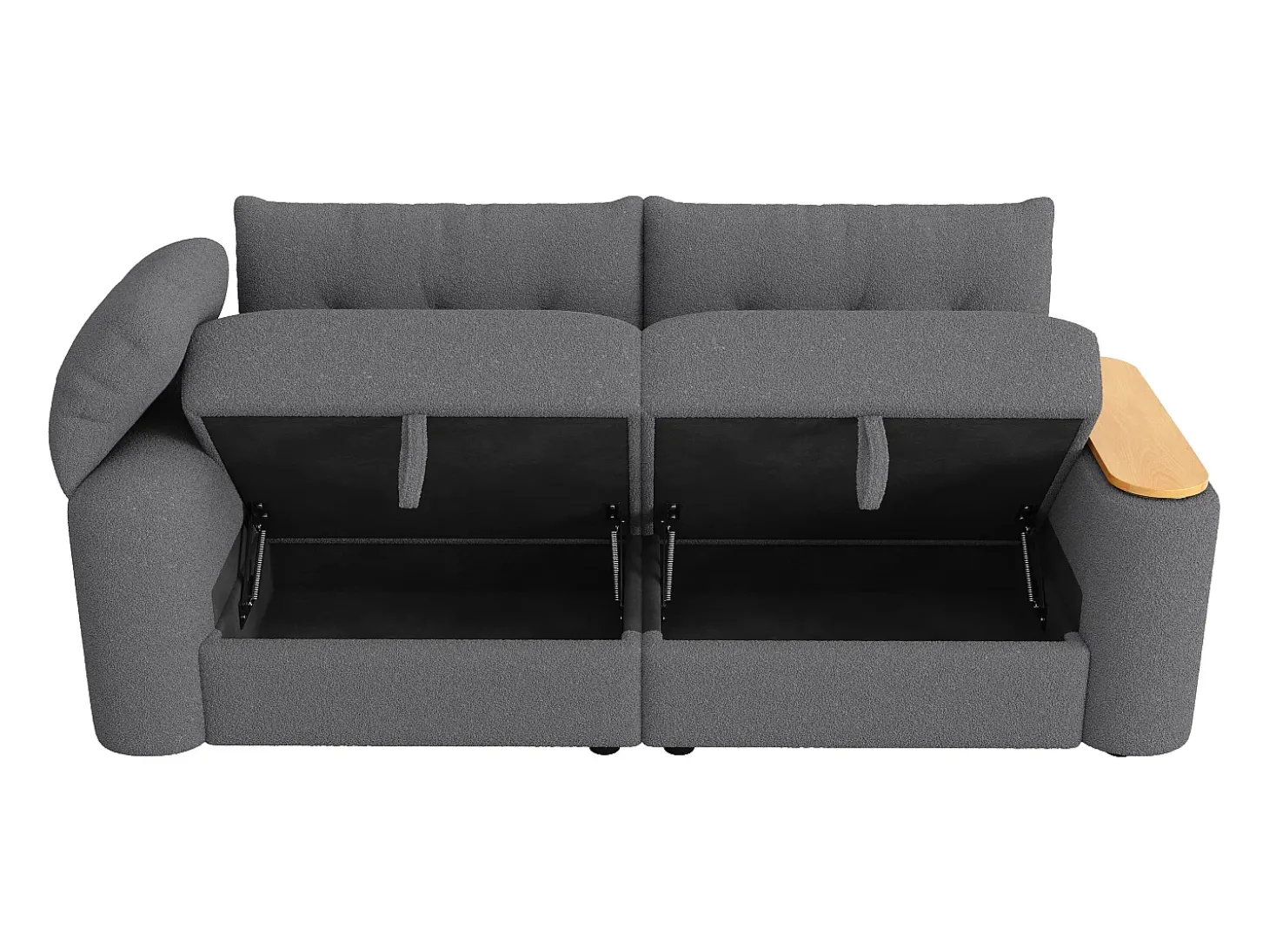 Sofá de 2 lugares com compartimentos de arrumação e mesa de apoio - Tecido Teddy cinzento