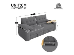 Sofá de 2 lugares com compartimentos de arrumação e mesa de apoio - Tecido Teddy cinzento