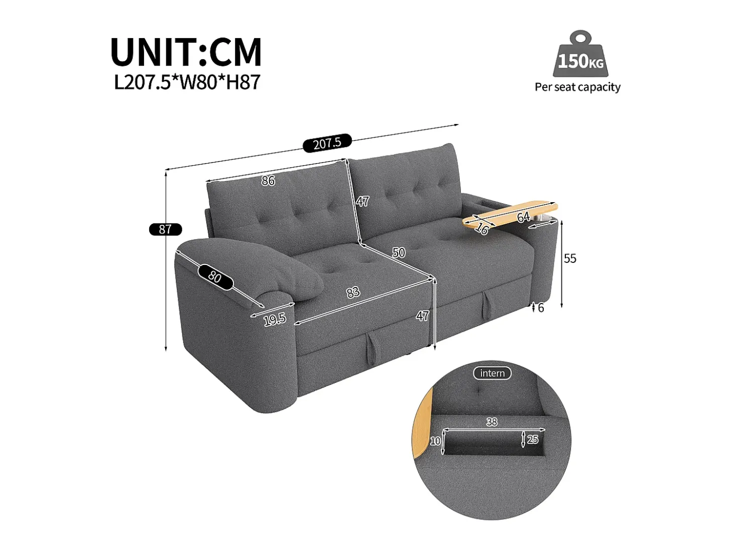 Sofá de 2 lugares com compartimentos de arrumação e mesa de apoio - Tecido Teddy cinzento