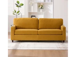 Sofá de 2 lugares com iluminação LED - Sofá reto com suporte para copos e bolsos laterais - chenille amarelo