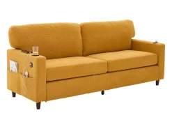 Sofá de 2 lugares com iluminação LED - Sofá reto com suporte para copos e bolsos laterais - chenille amarelo
