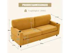 Sofá de 2 lugares com iluminação LED - Sofá reto com suporte para copos e bolsos laterais - chenille amarelo