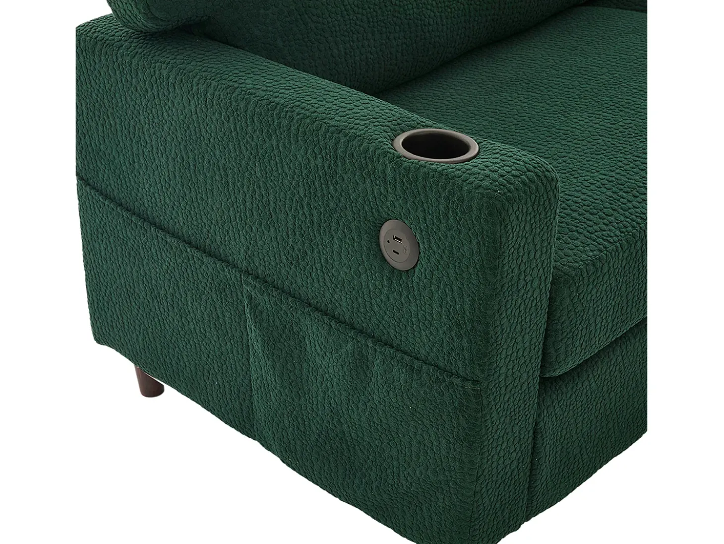 Sofá de 2 lugares com porta USB-C, iluminação LED e bolsos laterais - Tecido chenille - Verde esmeralda