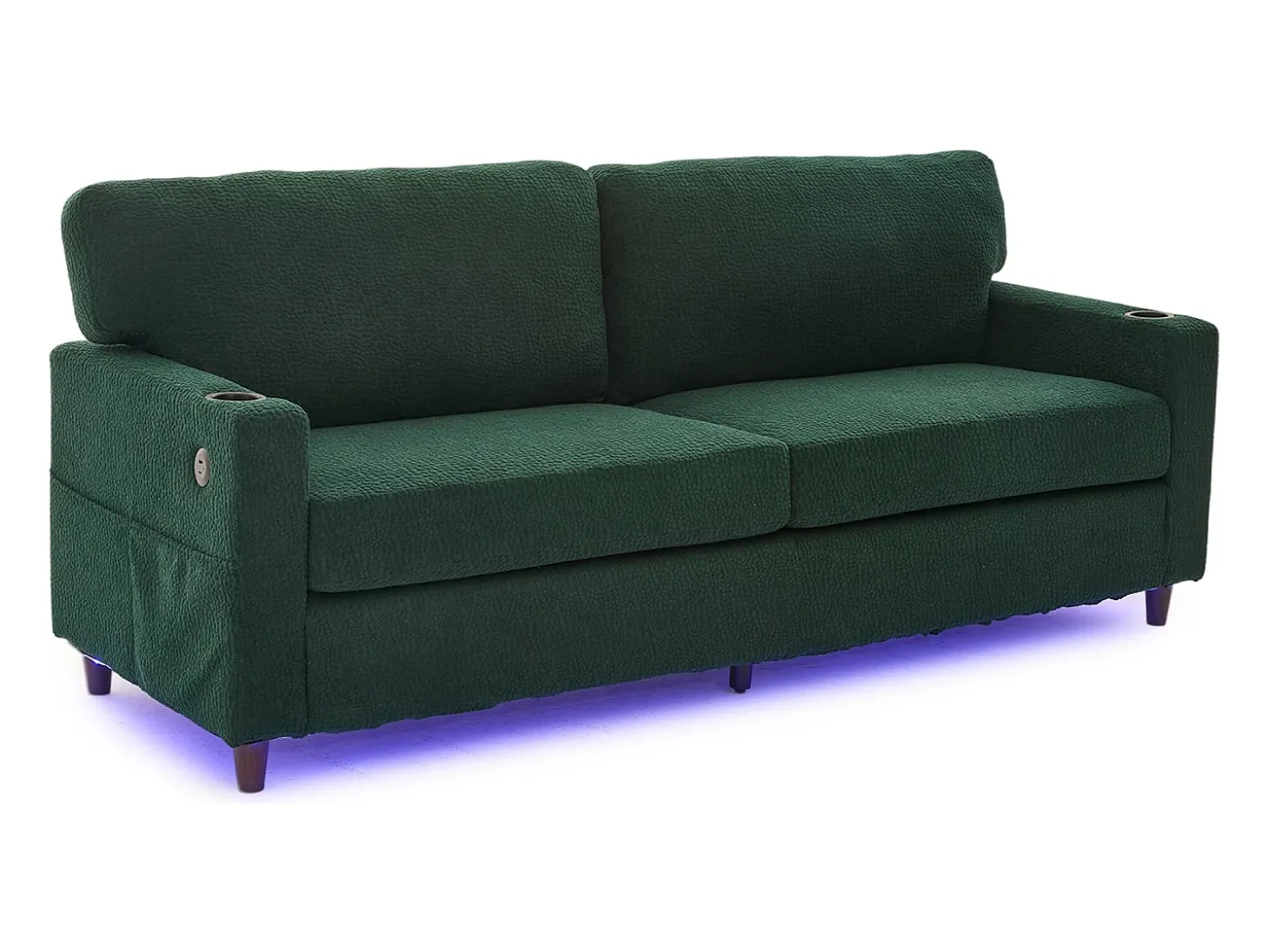 Sofá de 2 lugares com porta USB-C, iluminação LED e bolsos laterais - Tecido chenille - Verde esmeralda