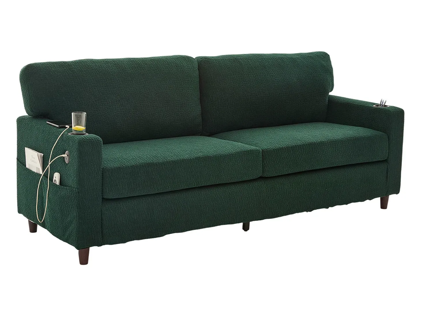 Sofá de 2 lugares com porta USB-C, iluminação LED e bolsos laterais - Tecido chenille - Verde esmeralda