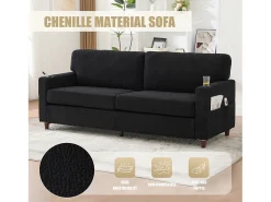 Sofá de 2 lugares com porta USB-C, luz LED e bolsos laterais - Tecido chenille - Preto