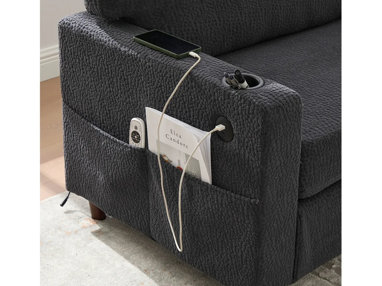 Sofá de 2 lugares com porta USB-C, luz LED e bolsos laterais - Tecido chenille - Cinza escuro