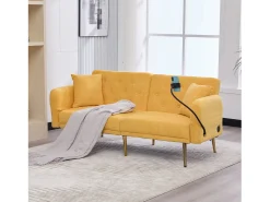 Sofá de 2 lugares com portas USB - Sofá reto com suporte para telemóvel e bolsos laterais - Encosto ajustável - Veludo amarelo