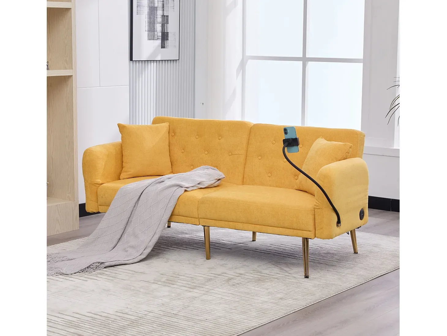 Sofá de 2 lugares com portas USB - Sofá reto com suporte para telemóvel e bolsos laterais - Encosto ajustável - Veludo amarelo