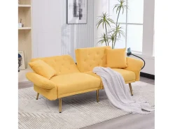 Sofá de 2 lugares com portas USB - Sofá reto com suporte para telemóvel e bolsos laterais - Encosto ajustável - Veludo amarelo