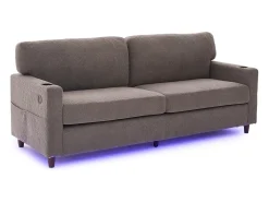 Sofá de 2 lugares com porta USB-C, luz LED e bolsos laterais - Tecido chenille - Cinza claro