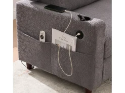 Sofá de 2 lugares com porta USB-C, luz LED e bolsos laterais - Tecido chenille - Cinza claro