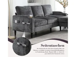 Sofá de 4 lugares com pufe - 196,5 x 75 x 77 cm - com armazenamento + braços - veludo - cinza