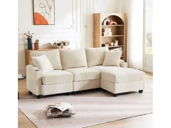 Sofá de 3 lugares com pufe - 213,5 x 139 x 87 cm - com 2 almofadas - veludo - bege