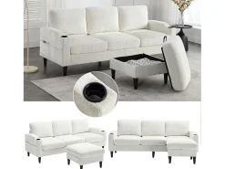 Sofá de 4 lugares com pufe - 196,5 x 75 x 77 cm - com armazenamento + braços - veludo - bege