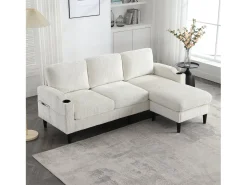 Sofá de 4 lugares com pufe - 196,5 x 75 x 77 cm - com armazenamento + braços - veludo - bege