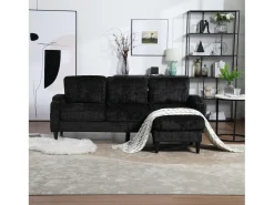 Sofá de 4 lugares com pufe - 196,5 x 75 x 77 cm - com armazenamento + braços - veludo - preto