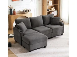 Sofá de 3 lugares com pufe - 213,5 x 139 x 87 cm - com 2 almofadas - veludo - cinza escuro