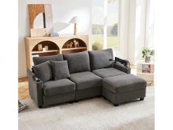 Sofá de 3 lugares com pufe - 213,5 x 139 x 87 cm - com 2 almofadas - veludo - cinza escuro