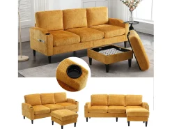Sofá de 4 lugares com pufe - 196,5 x 75 x 77 cm - com armazenamento + braços - veludo - Amarelo