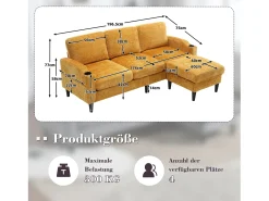 Sofá de 4 lugares com pufe - 196,5 x 75 x 77 cm - com armazenamento + braços - veludo - Amarelo