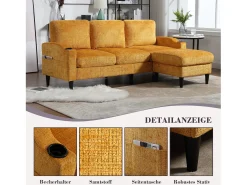 Sofá de 4 lugares com pufe - 196,5 x 75 x 77 cm - com armazenamento + braços - veludo - Amarelo