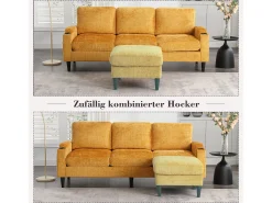 Sofá de 4 lugares com pufe - 196,5 x 75 x 77 cm - com armazenamento + braços - veludo - Amarelo