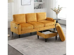 Sofá de 4 lugares com pufe - 196,5 x 75 x 77 cm - com armazenamento + braços - veludo - Amarelo