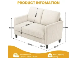 Sofá de 2 lugares confortável em veludo canelado Bege - 58cm profundidade do assento - carga máxima 300kg - 129x78x89cm