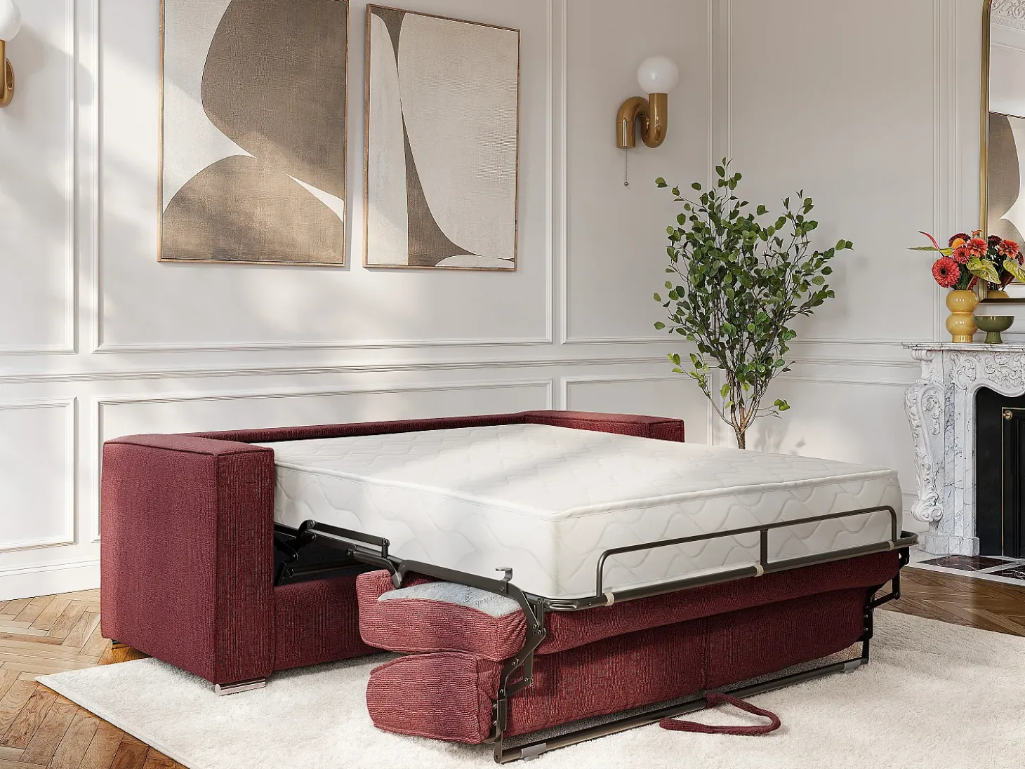 Sofá de 4 lugares conversível abertura rápida em tecido chenille bordeaux área de dormir 160cm - 22cm LORETO