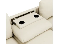 Sofá de 3 lugares em chenille bege - Almofadas, mesa de apoio dobrável, entradas USB e espaço para arrumação.