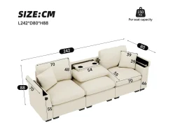 Sofá de 3 lugares em chenille bege - Almofadas, mesa de apoio dobrável, entradas USB e espaço para arrumação.