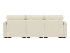 Sofá de 3 lugares em chenille bege - Almofadas, mesa de apoio dobrável, entradas USB e espaço para arrumação.