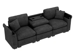 Sofá de 3 lugares em chenille cinzento - Almofadas, mesa de apoio dobrável, entradas USB e espaço para arrumação.