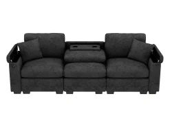 Sofá de 3 lugares em chenille cinzento - Almofadas, mesa de apoio dobrável, entradas USB e espaço para arrumação.