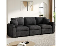Sofá de 3 lugares em chenille cinzento - Almofadas, mesa de apoio dobrável, entradas USB e espaço para arrumação.