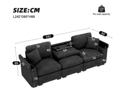 Sofá de 3 lugares em chenille cinzento - Almofadas, mesa de apoio dobrável, entradas USB e espaço para arrumação.