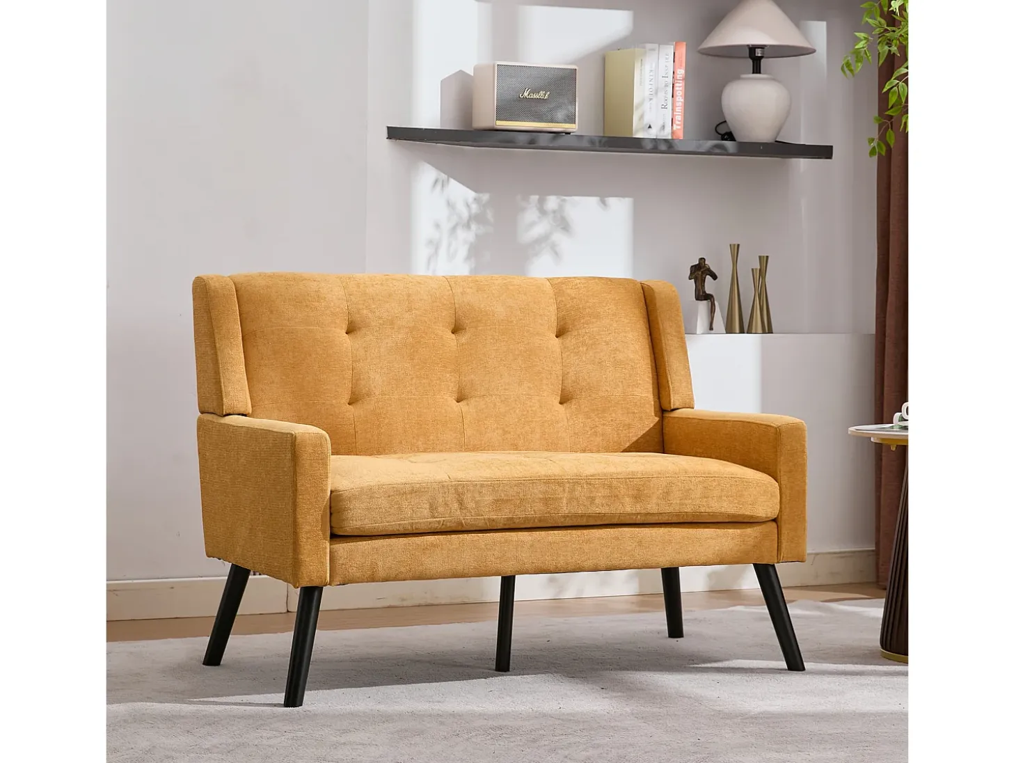 Sofá de 2 lugares em linho amarelo - Pés em madeira antiderrapante - Ideal para sala de estar, quarto e escritório