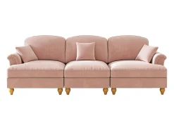 Sofá de 3 lugares em tecido chenille rosa - Com apoio lombar e saia plissada removível.