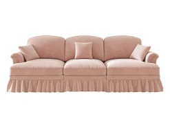 Sofá de 3 lugares em tecido chenille rosa - Com apoio lombar e saia plissada removível.