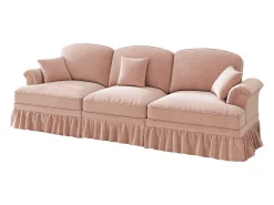 Sofá de 3 lugares em tecido chenille rosa - Com apoio lombar e saia plissada removível.