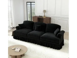 Sofá de 3 lugares em tecido chenille preto - Com apoio lombar e saia plissada removível.