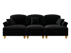Sofá de 3 lugares em tecido chenille preto - Com apoio lombar e saia plissada removível.
